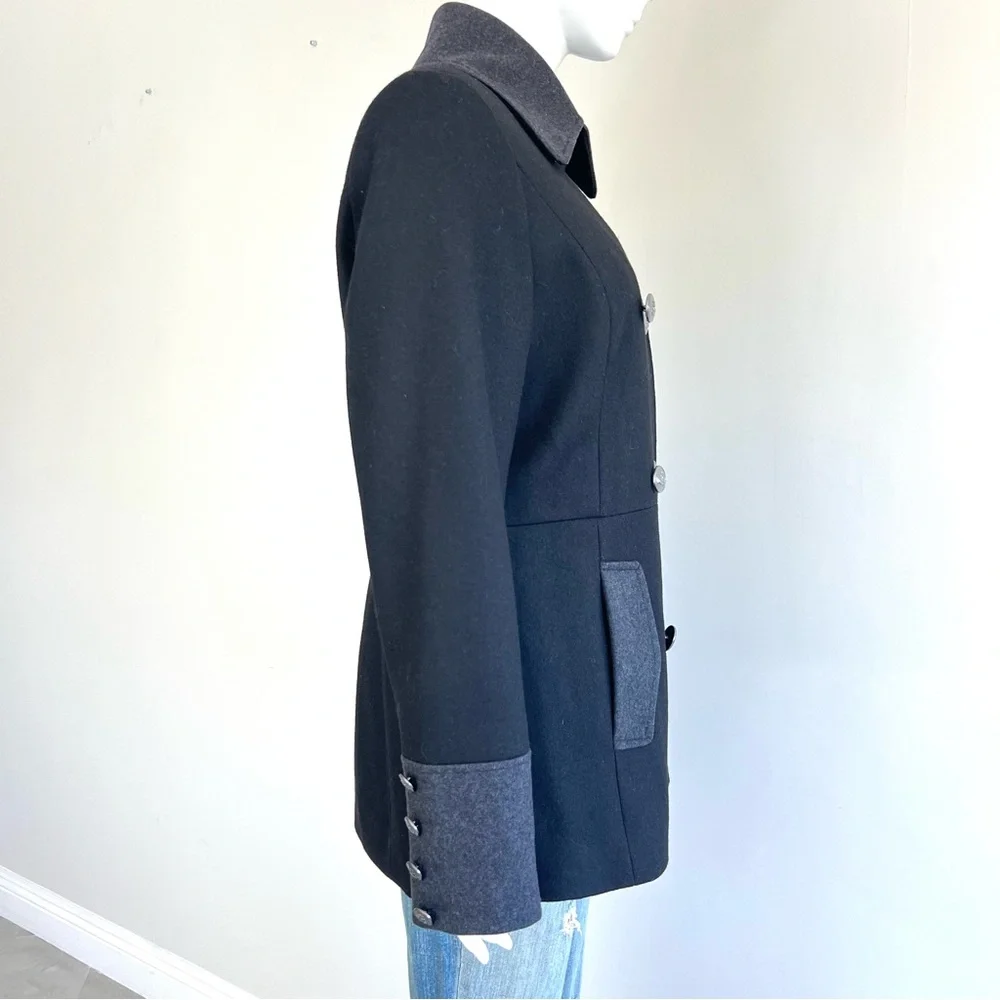 NAUTICA Women's Black Gray Trim Wool Blend Double Breasted Button Peacoat Sz M